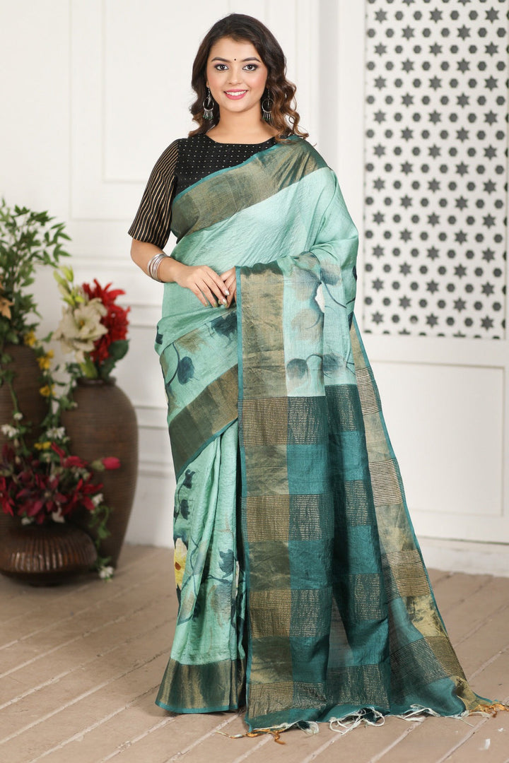 Kalamkari Printed Handloom Tussar Silk Sea Green Saree