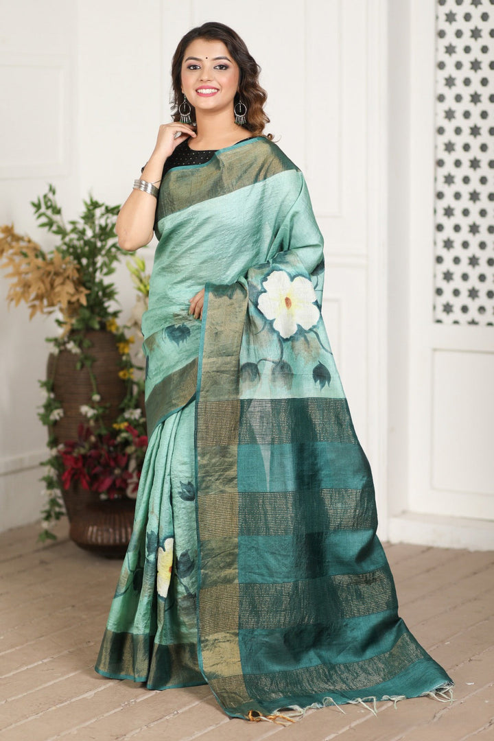 Kalamkari Printed Handloom Tussar Silk Sea Green Saree