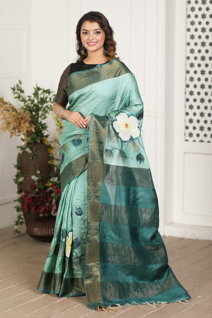 Kalamkari Printed Handloom Tussar Silk Sea Green Saree