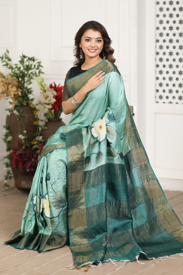 Kalamkari Printed Handloom Tussar Silk Sea Green Saree