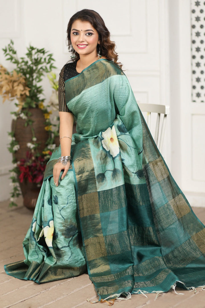 Kalamkari Printed Handloom Tussar Silk Sea Green Saree