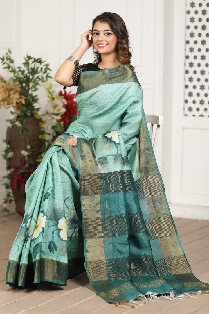 Kalamkari Printed Handloom Tussar Silk Sea Green Saree