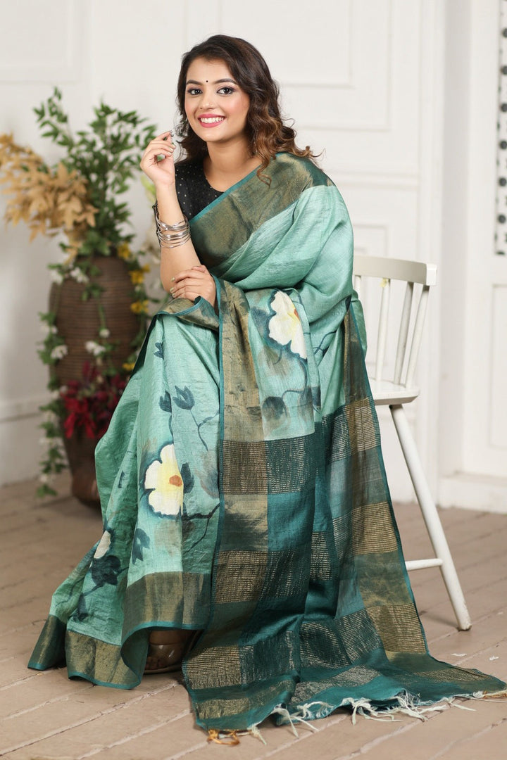 Kalamkari Printed Handloom Tussar Silk Sea Green Saree