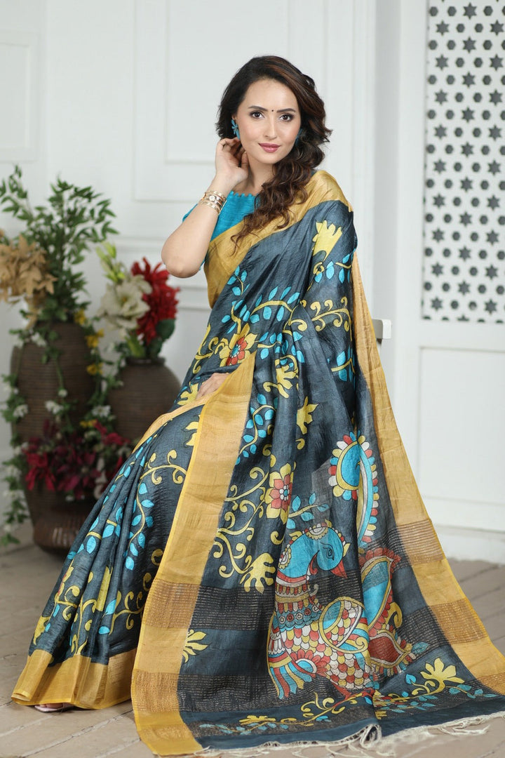 Rich Tussar Silk Kalamkari Saree Handloom Ethnic Drape With Unstitched Blouse