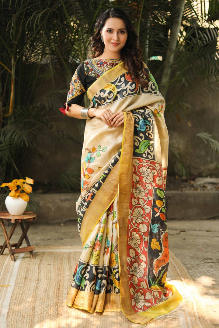 Timeless Luxury Handloom Kalamkari Print Tussar Silk Cream Saree