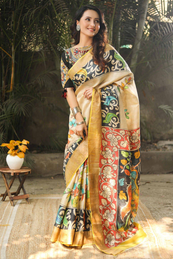 Timeless Luxury Handloom Kalamkari Print Tussar Silk Cream Saree