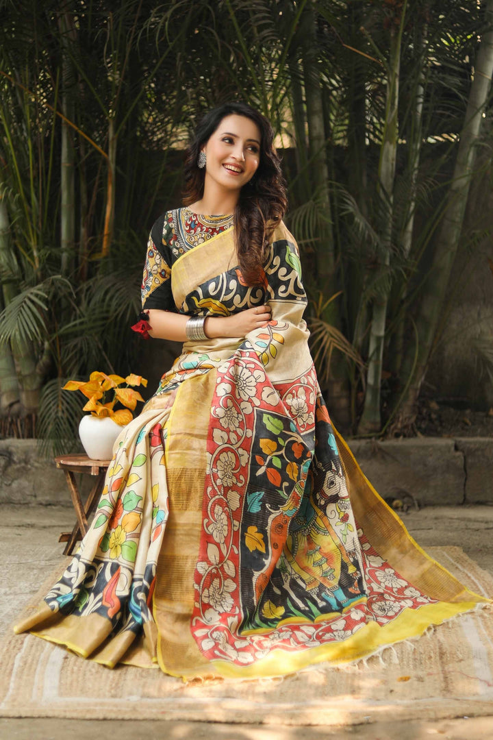Timeless Luxury Handloom Kalamkari Print Tussar Silk Cream Saree