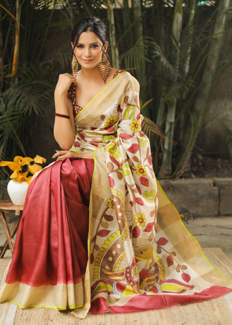 Gorgeous Handloom Tussar Silk Saree with Kalamkari Detailing
