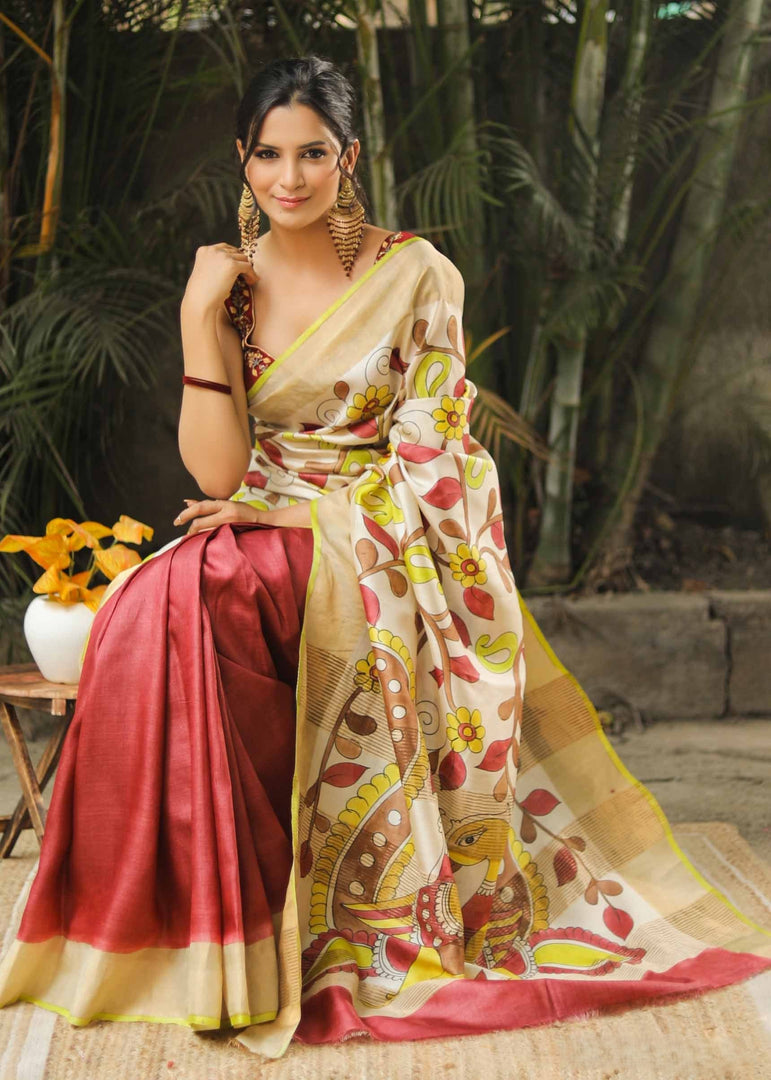 Classic Kalamkari Print Saree Handloom Tussar Silk With Blouse Material