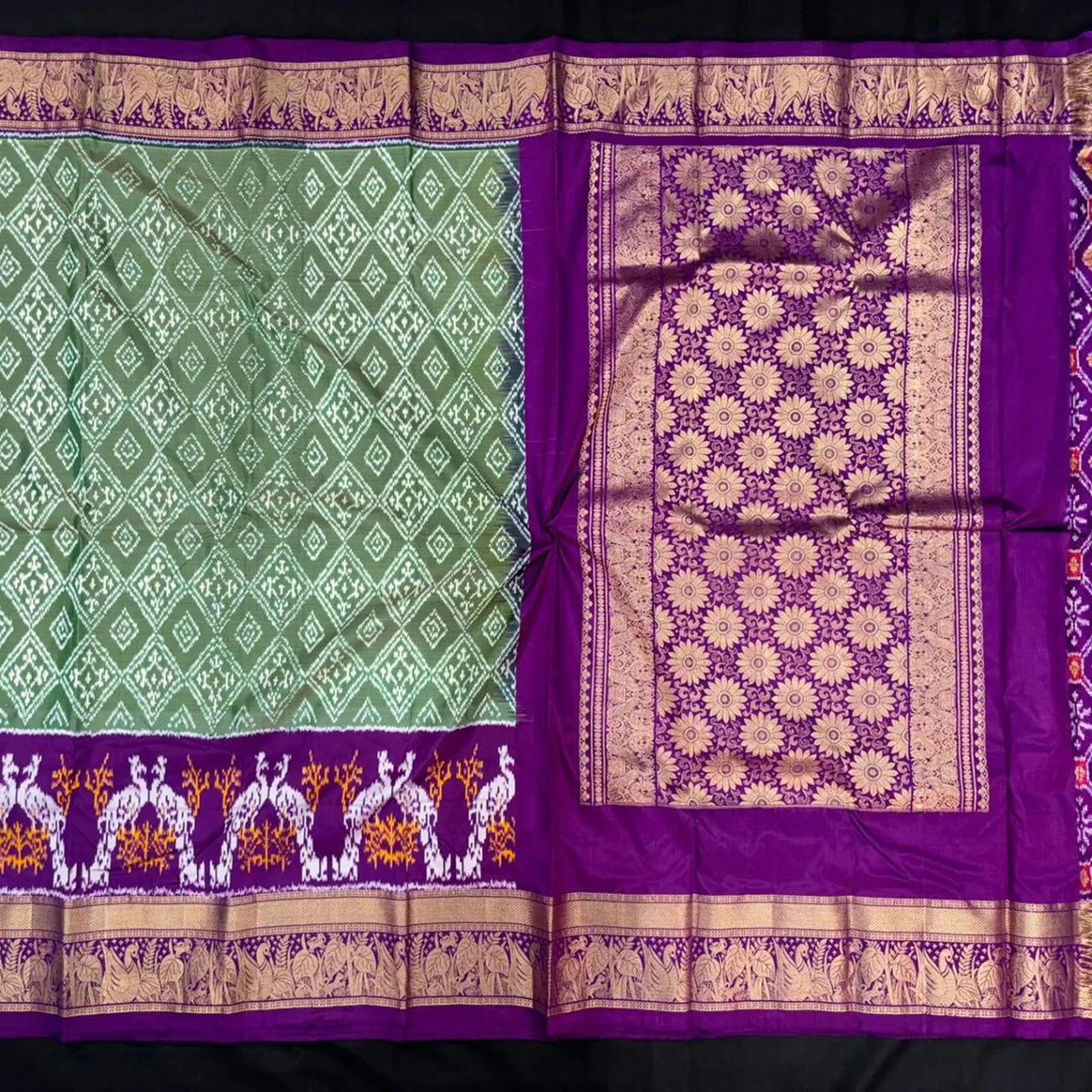 Charming Sea Green Handloom Silk Saree With Kanchi Border And Ikkat Motifs