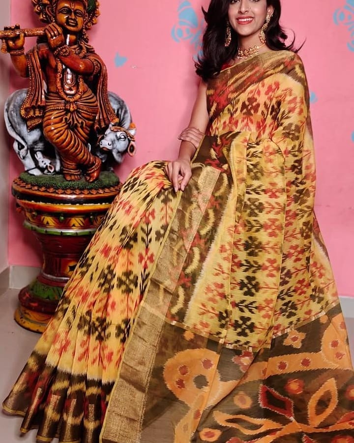Vibrant Handloom Woven Soft Silk Saree With Bold Ikkat Patterns