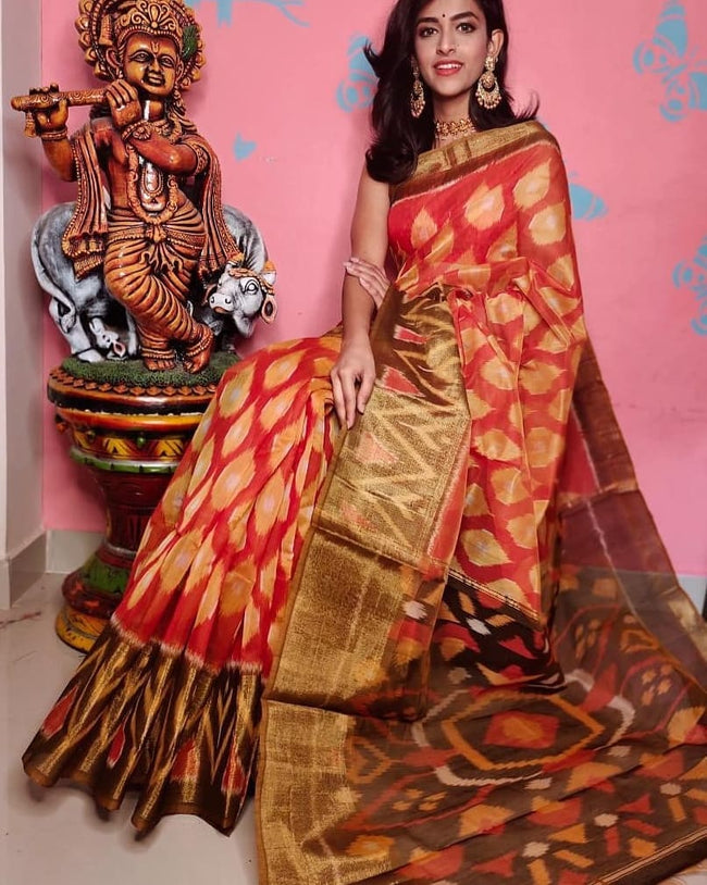 Cultural Ikkat Printed Traditional Saree In Soft Handloom Silk