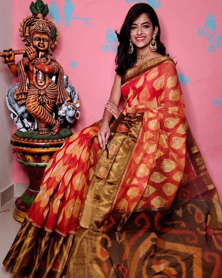 ikkat Printed Handloom Soft Silk Saree