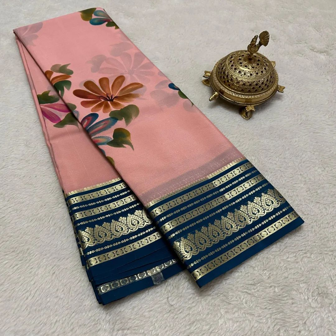 Rich Look Pink Mysore Silk Saree With Digital Patterns And Zari Border