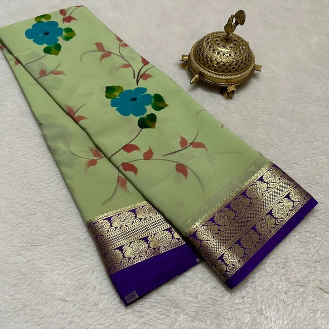 Digital Printed Green Mysore Silk Saree With Contrast Zari Border