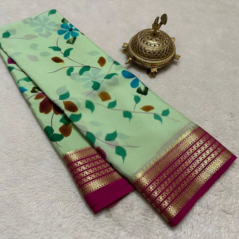 Green Mysore Soft Silk Saree With Digital Print And Classic Zari Finish