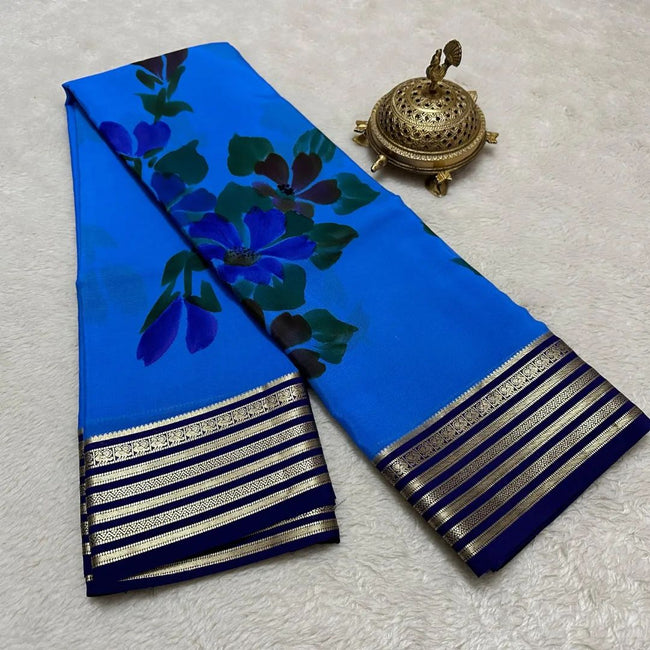 Trendy Blue Digital Print Mysore Saree In Soft Silk With Traditional Zari