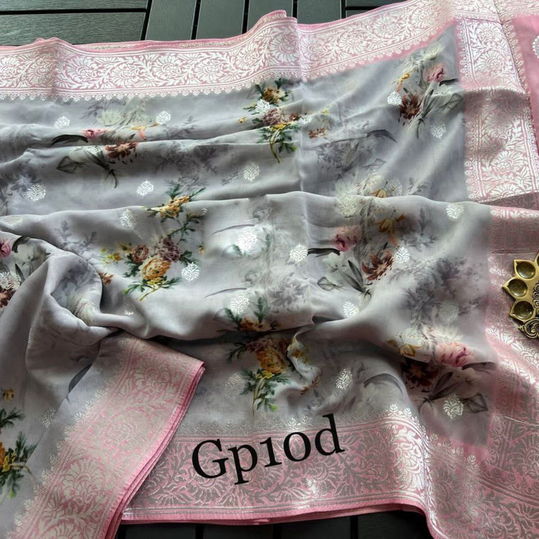 Crepe Georgette Digital Printed Pretty Grey Saree