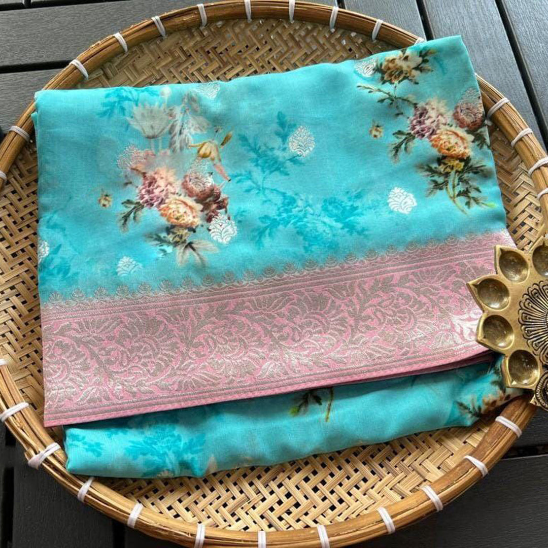 Attractive Blue Crepe Georgette Digital Print Saree