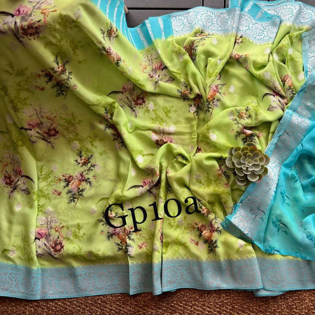 Appealing Green Crepe Georgette Digital Printed Saree
