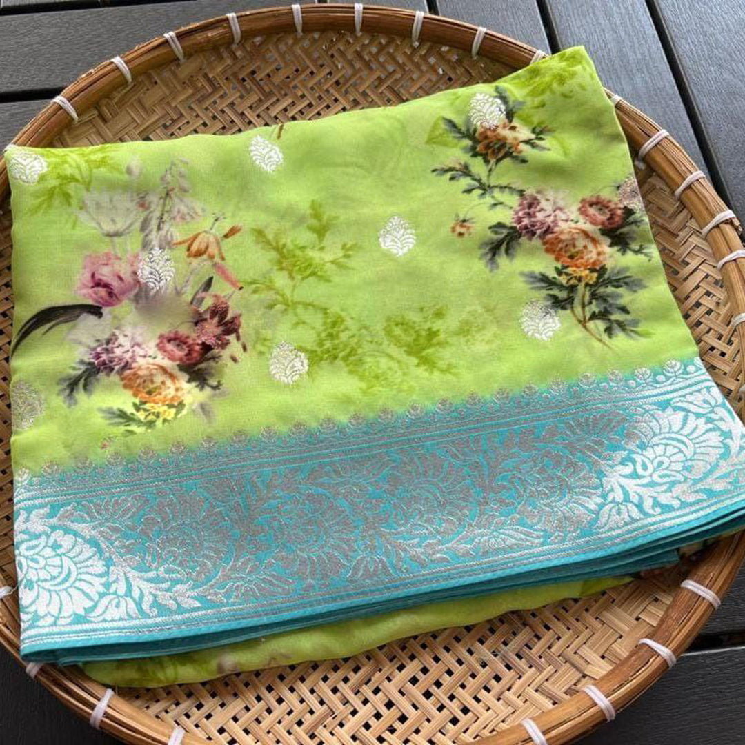 Appealing Green Crepe Georgette Digital Printed Saree
