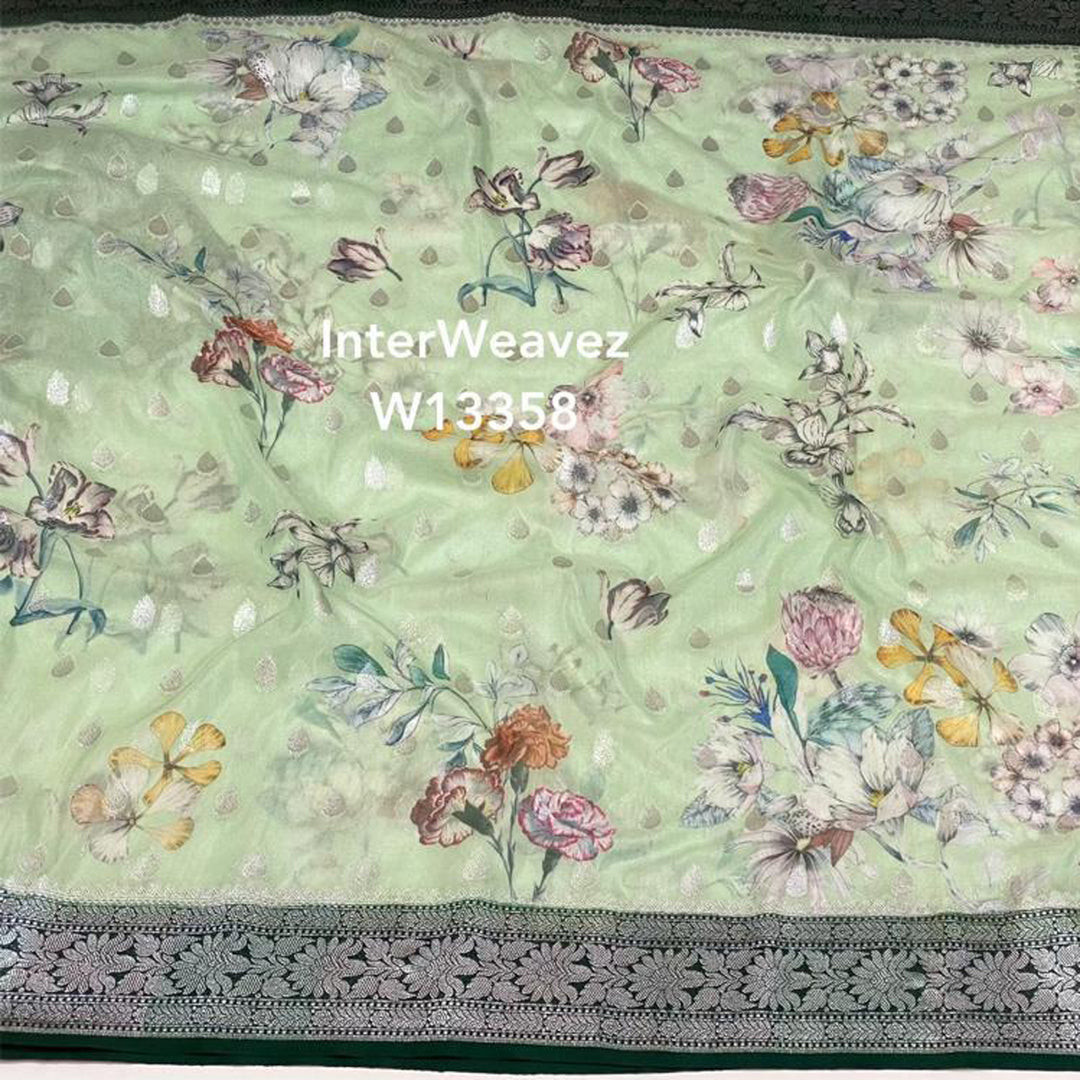 Sea Green Digital Flower Print Crepe Georgette Fabric Casual Saree