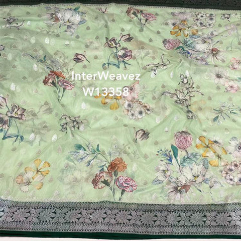 Sea Green Digital Flower Print Crepe Georgette Fabric Casual Saree