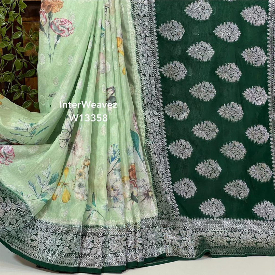 Sea Green Digital Flower Print Crepe Georgette Fabric Casual Saree