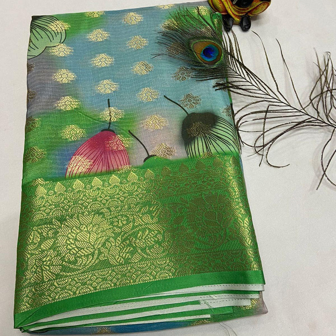 Green Digital Print With Weaving Work Crepe Georgette Fabric Saree