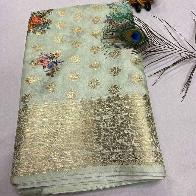 Sea Green Crepe Georgette Fabric Digital Printed Saree With Fancy Blouse