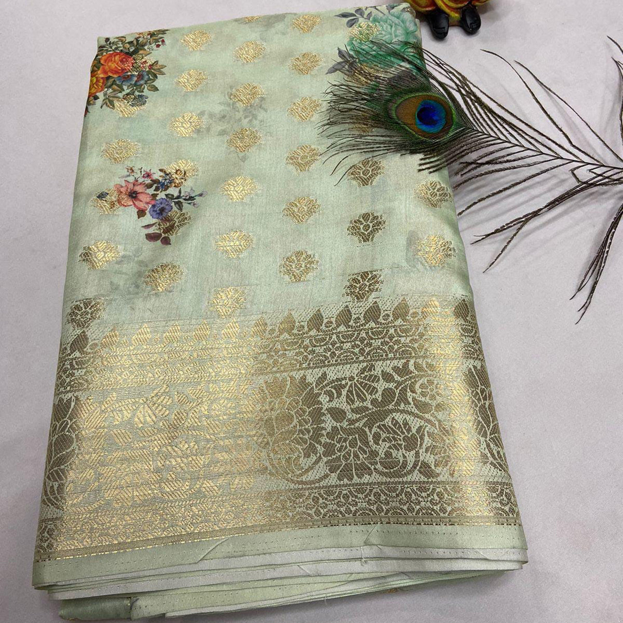 Sea Green Digital Printed Crepe Georgette Saree With Unstitched Blouse