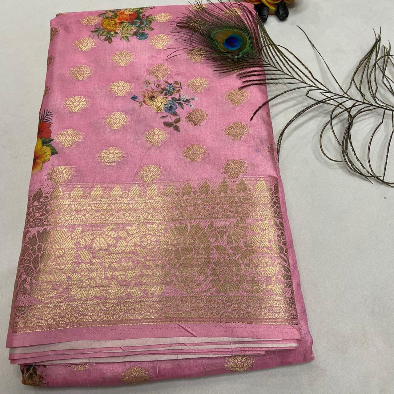Pink Digital Printed Fancy Blended Crepe Georgette Saree