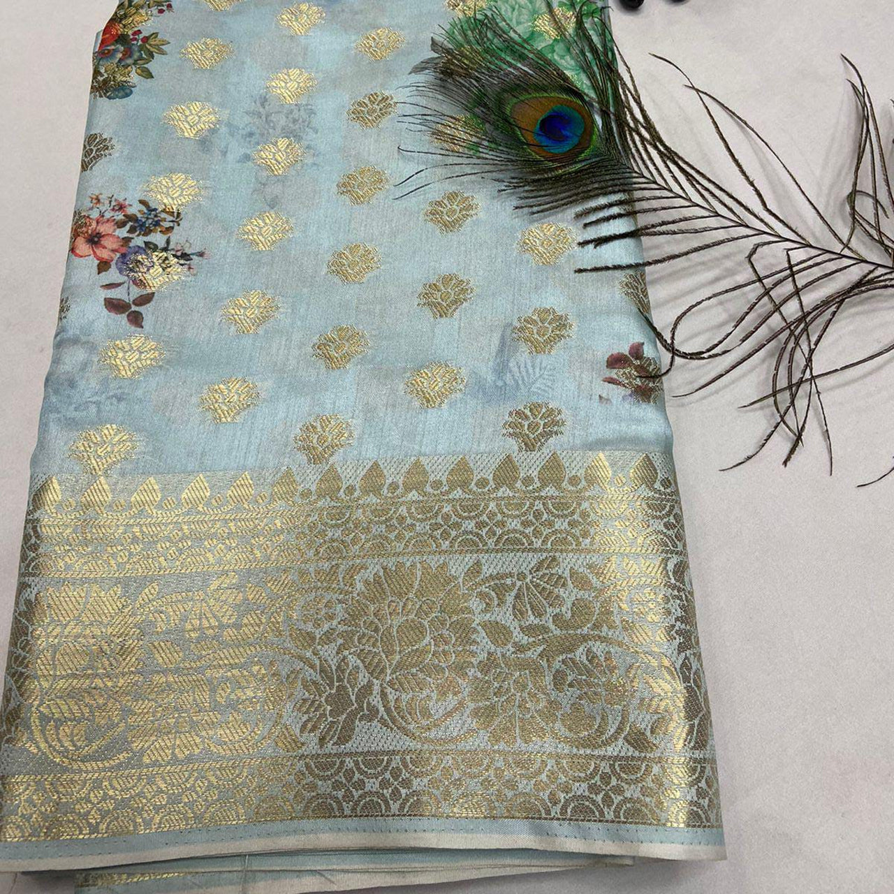 Time For You Light Cyan Embellished Crepe Georgette Saree Set