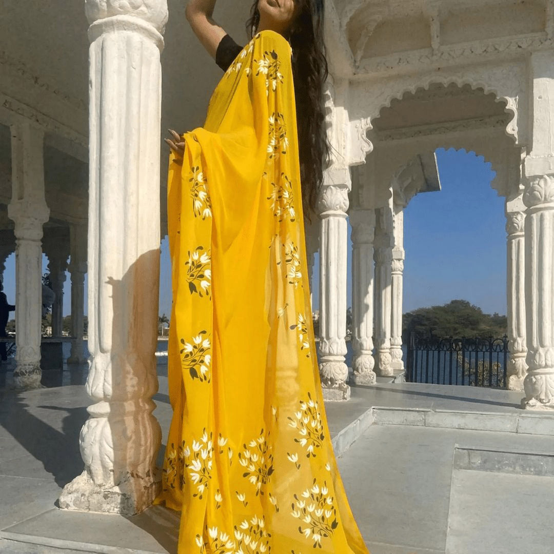 Yellow Georgette Fabric Digital Floral Saree
