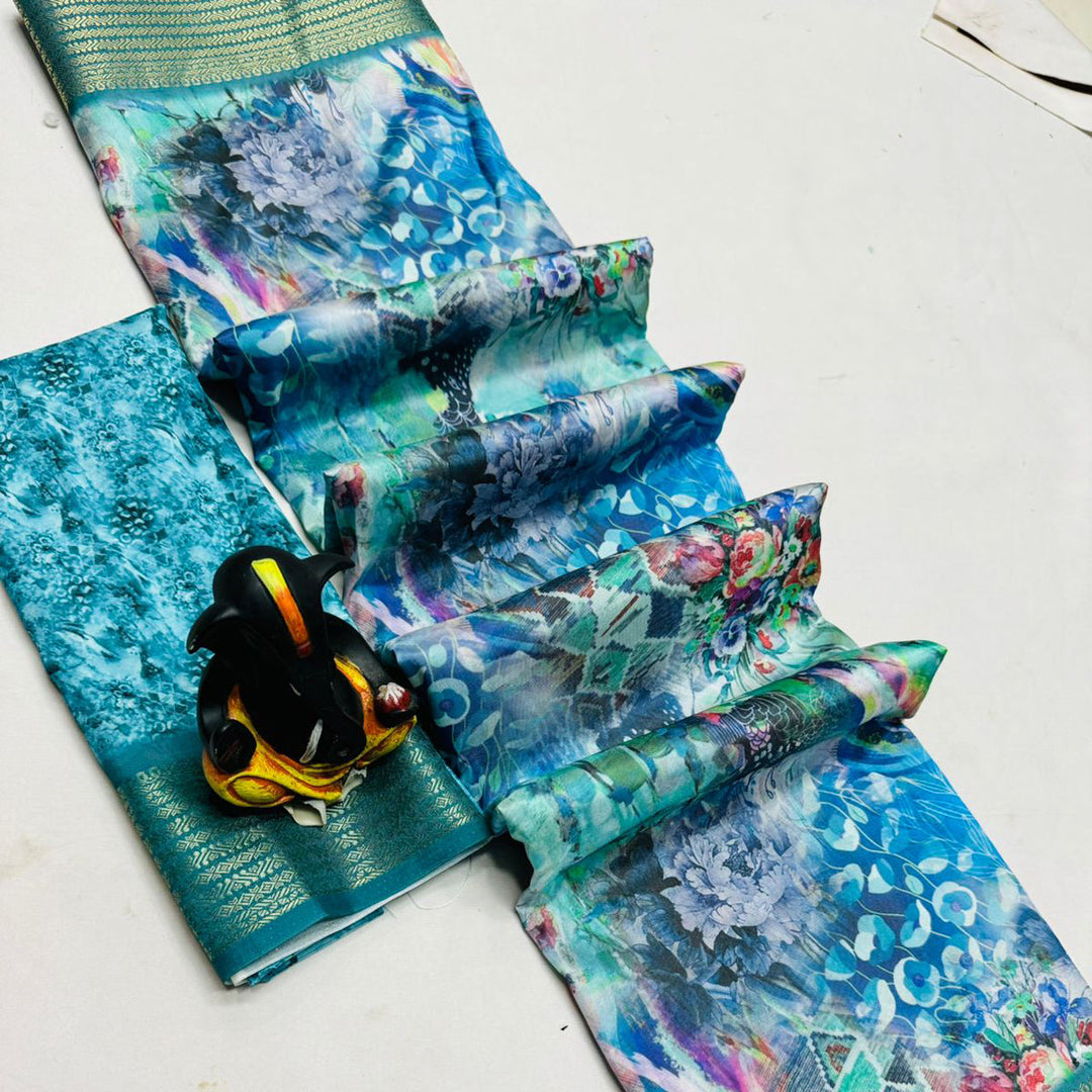 Cyan Digital Printed Butter Silk Saree