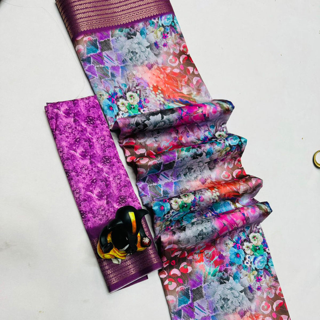 Prism Purple Digital Printed Textured Butter Silk Saree With Unstitched Blouse