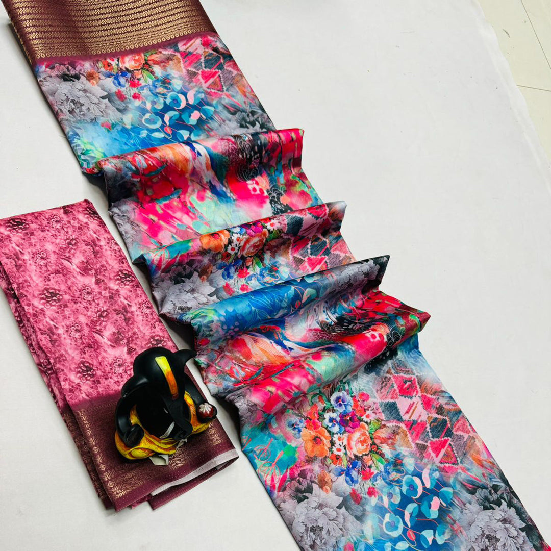 Pink Contemporary Butter Silk Digital Printed Saree