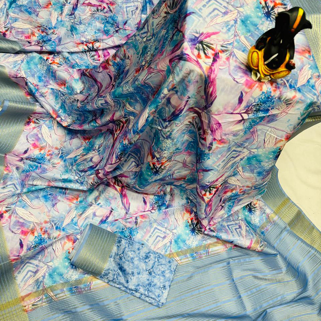 River Blue Digital Printed Textured Butter Silk Saree
