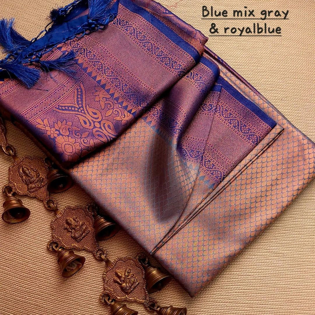 Elegant Blue And Mix Grey Silk Saree With Intricate Resham Pom Pom Work