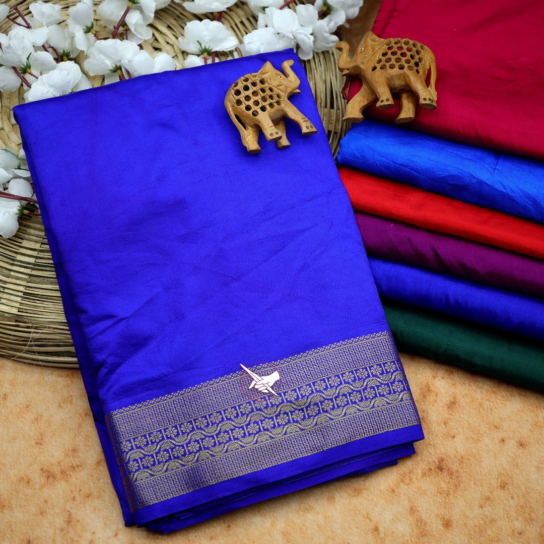 Blue Solid Color Mysore Silk Saree Zari Edged With Unstitched Blouse Piece