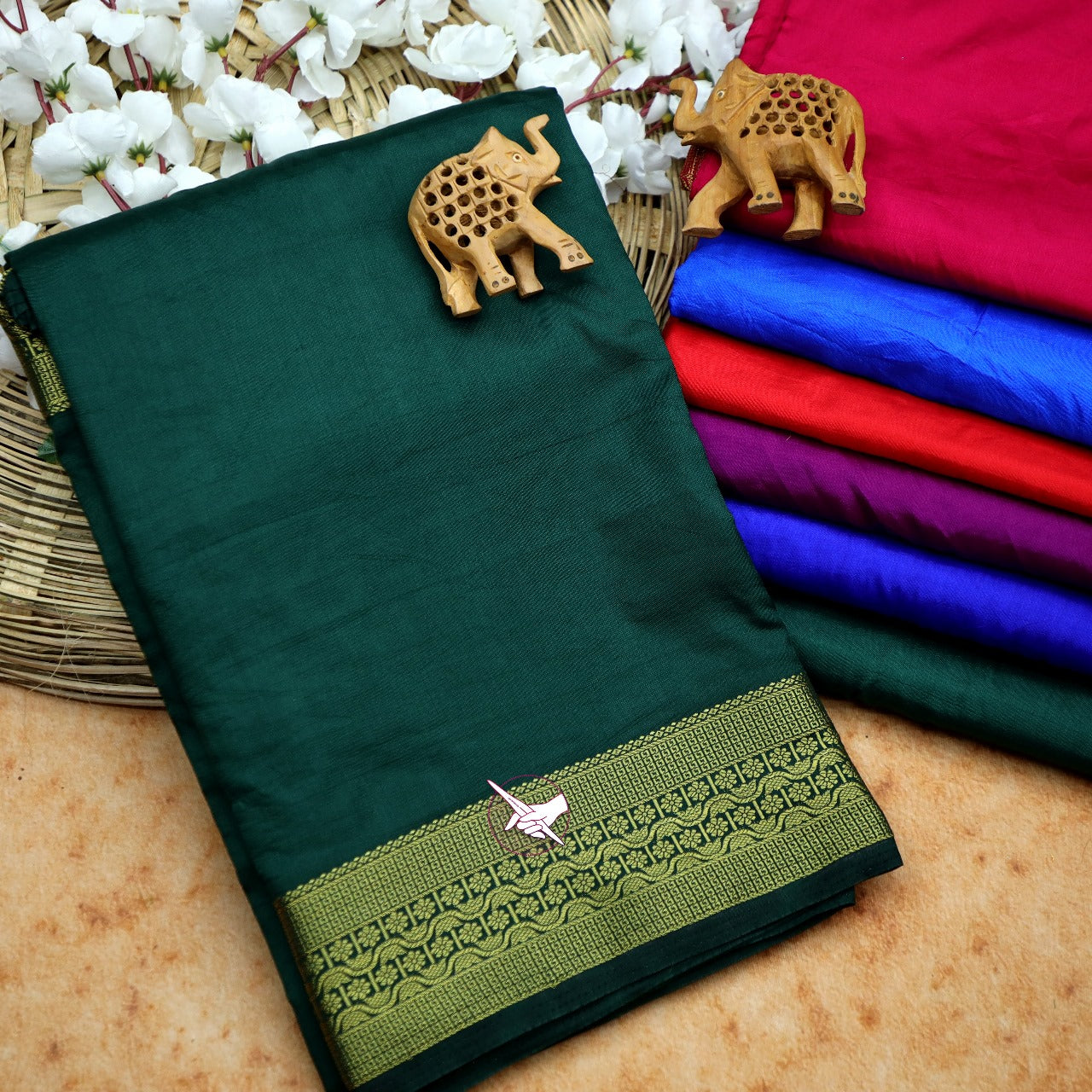 Green Soft Mysore Silk Saree Zari Border And Unstitched Blouse Included