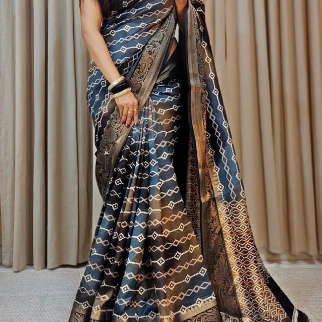 Stylish Blue And Multicolour Soft Dola Silk Saree Featuring Digital Prints And Zari Embroidery