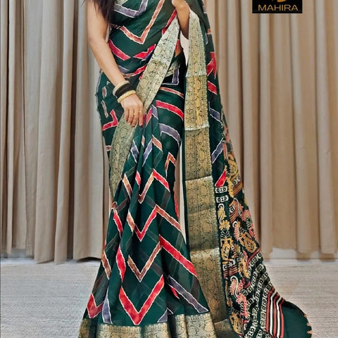Classic Green Zari Work Dola Silk Saree With Intricate Digital Prints