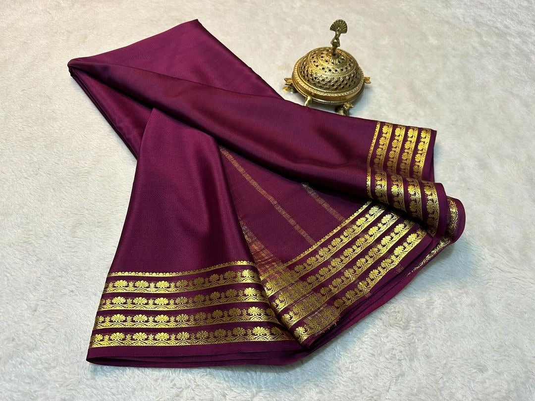 Exclusive  Zari Border Purple   Plain Mysore Silk Saree.