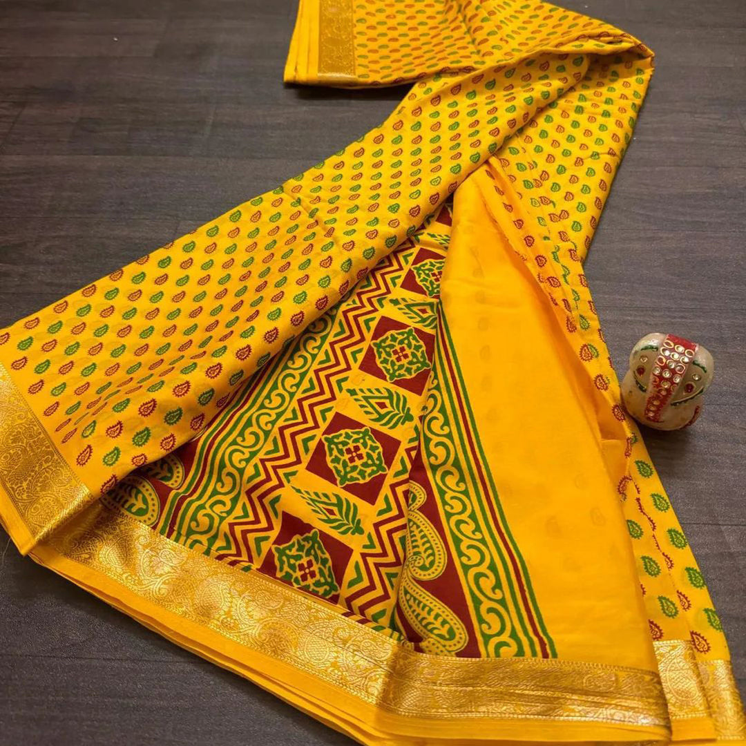 Evening Glam Rangkart Yellow Crepe Silk Printed Saree