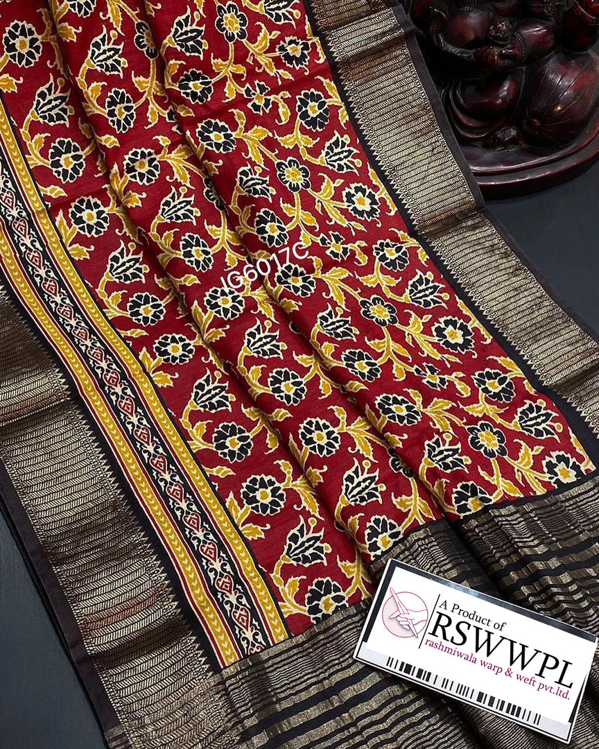 ELEGANCE RED SILK SAREE  WITH ALLOVER  FLORAL PRINTS AND ASSAMI PATTU