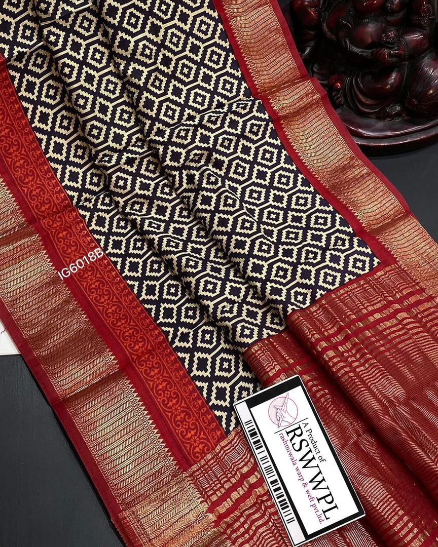 Blue Printed Maheshwari Silk Saree