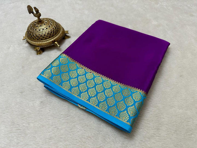 Exclusive  Zari Border Purple  With Sky Blue  Colour Plain Mysore Silk Saree.