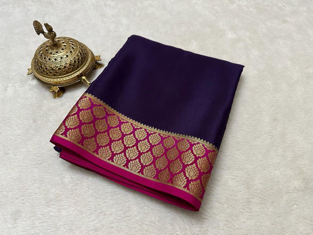 Exclusive Zari Border Purple nd Pink Colour Plain Mysore Silk Saree.
