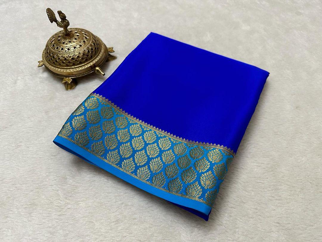 Floral Zari Border Blue nd Sky Blue  Colour Plain Mysore Silk Saree.